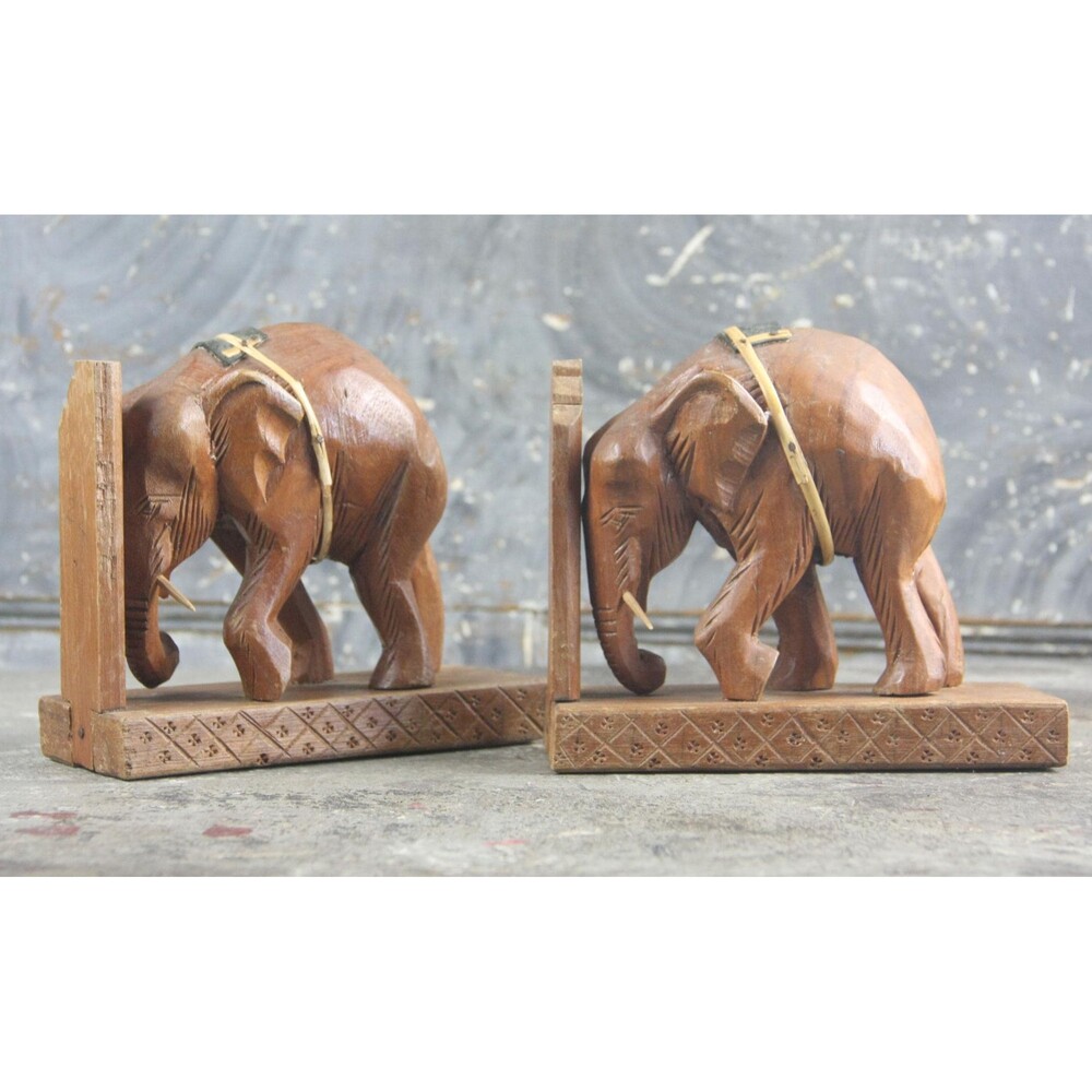 Wood Elephant Bookends, Vintage Hand-Carved with Decorative Saddles